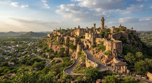 Majestic walls and towers of Chittorgarh Fort overlooking the Rajasthan landscape.