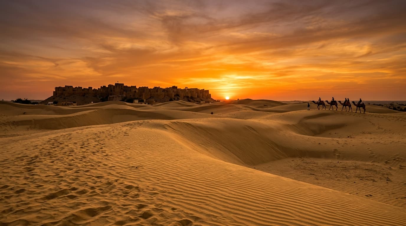 Dramatic shot of the Thar Desert sand dunes near Jaisalmer at sunset.