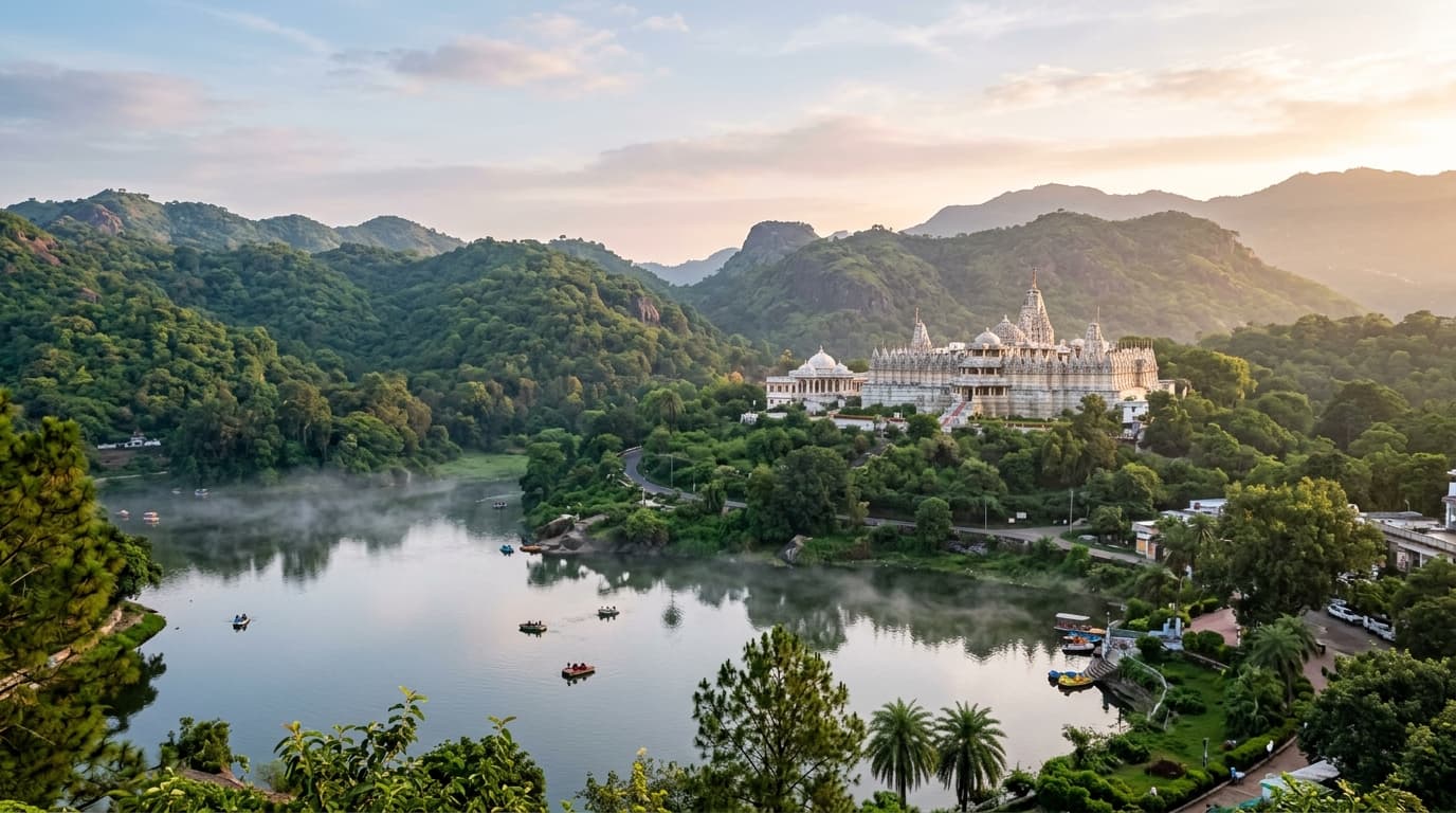 Serene view of Mount Abu Nakki Lake surrounded by lush green Aravalli hills.