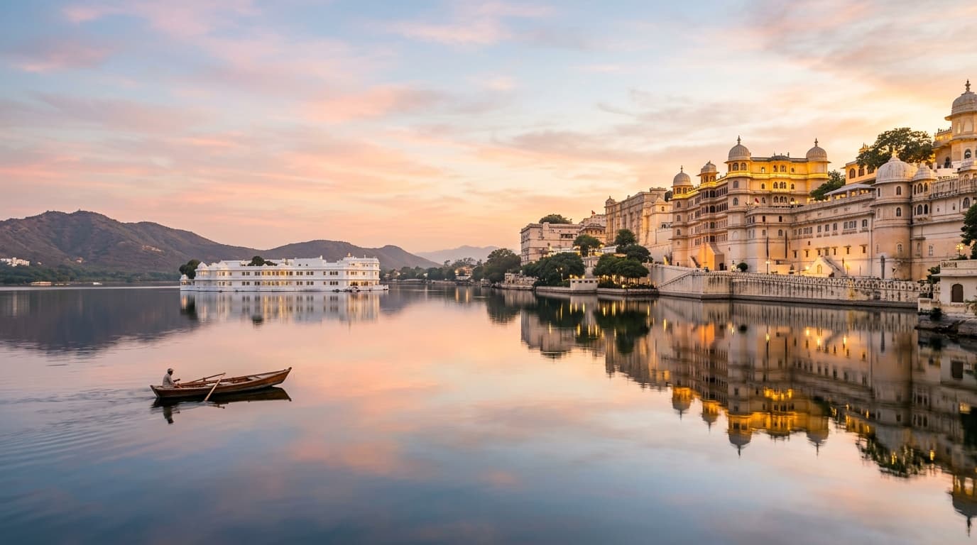Serene minimalist composition of Lake Pichola in Udaipur reflecting the City Palace.