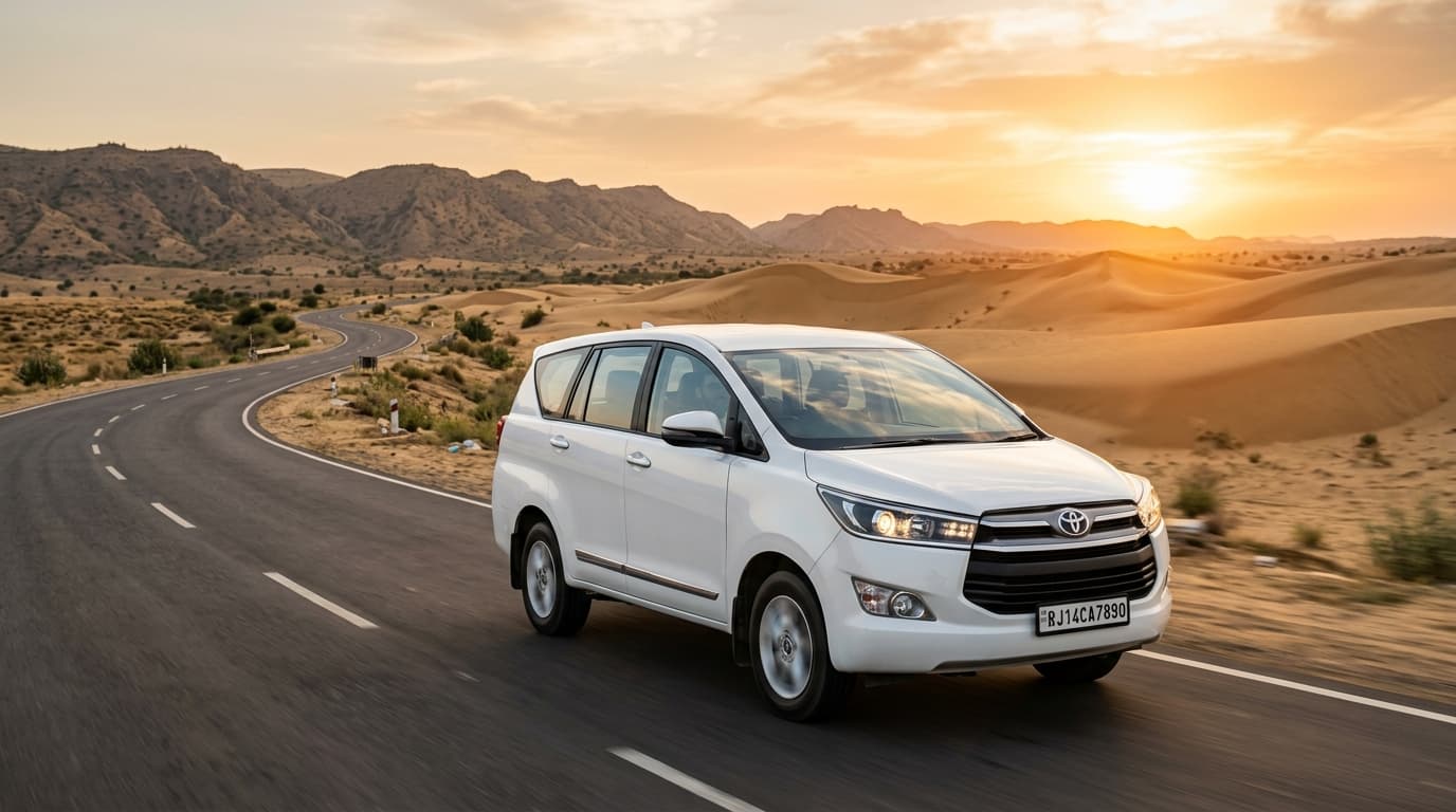 White Toyota Innova Crysta flagship luxury travel vehicle on scenic Rajasthan road.