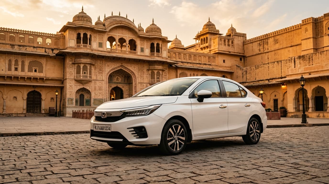 Premium executive sedan in front of Jaipur palace.