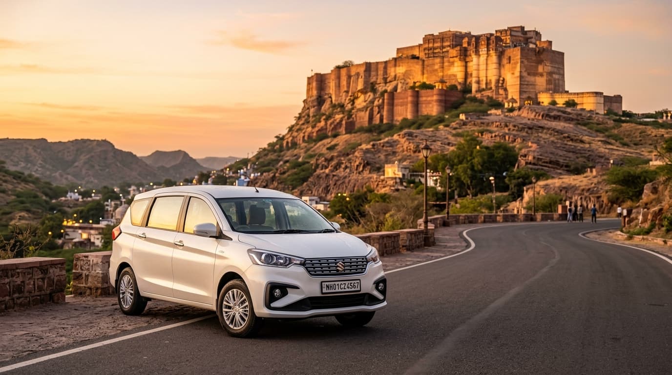Maruti Ertiga multi-utility passenger vehicle at sunrise.