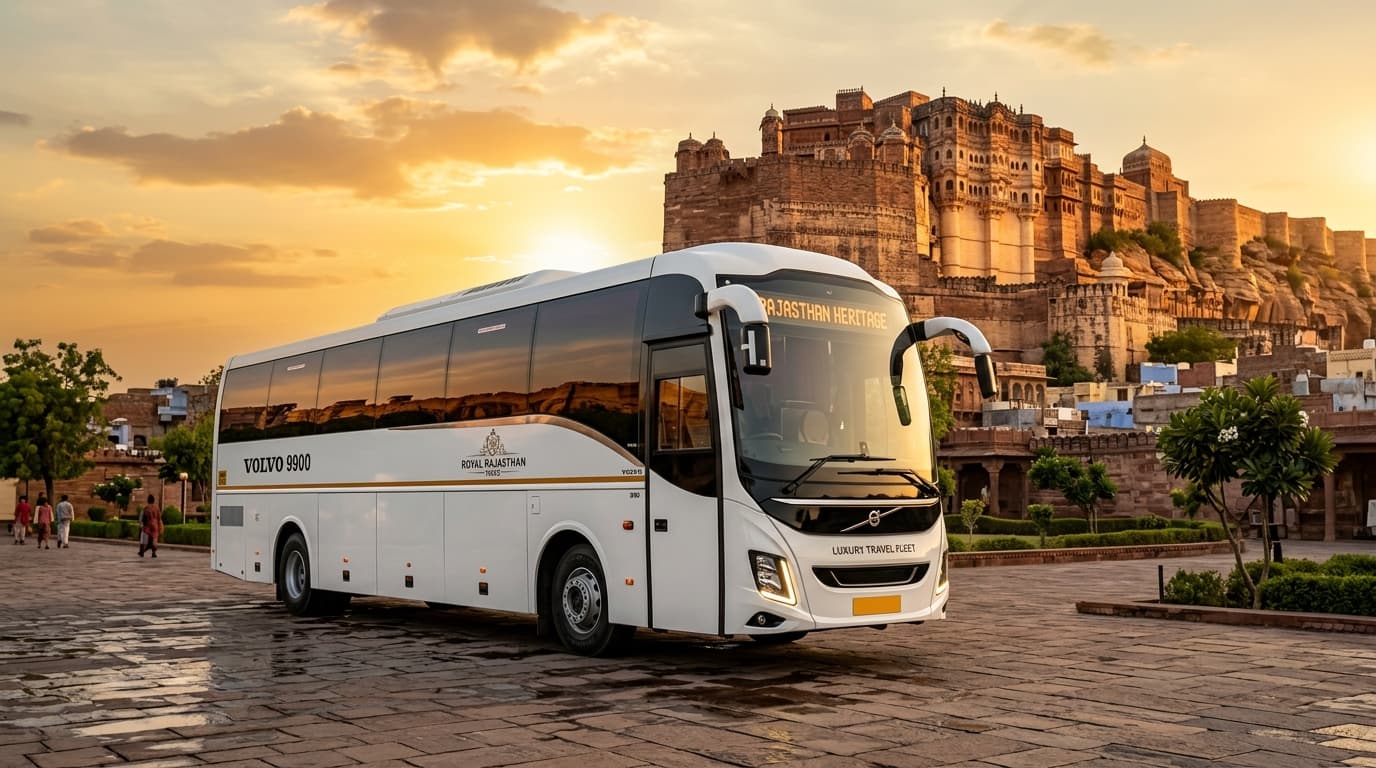 Large luxury passenger coach in front of Rajasthan fort.
