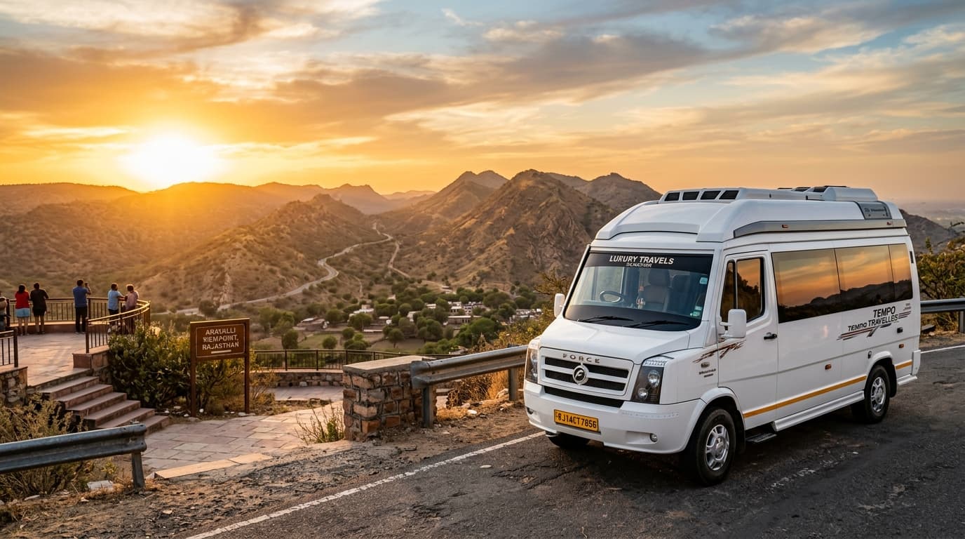 Force Tempo Traveller luxury minibus with Aravalli hills backdrop.