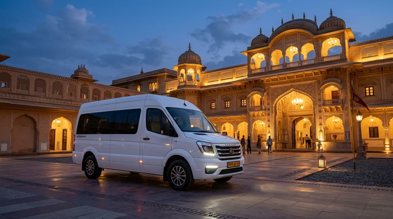 Force Urbania modern executive luxury van at palace entrance.